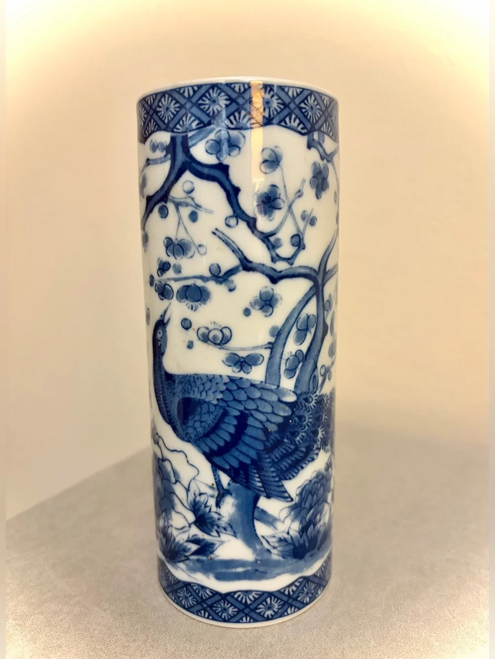 Japanese Blue & White Cylinder Style Vase Peacock Design 6” Tall Vintage